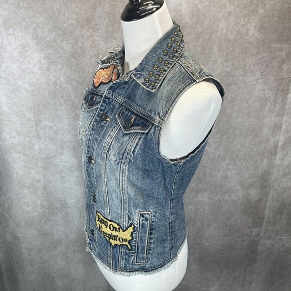 Kill City Fight F@@k Kill Denim Biker Vest Women Med Sleeveless Studded Patches - Picture 5 of 10